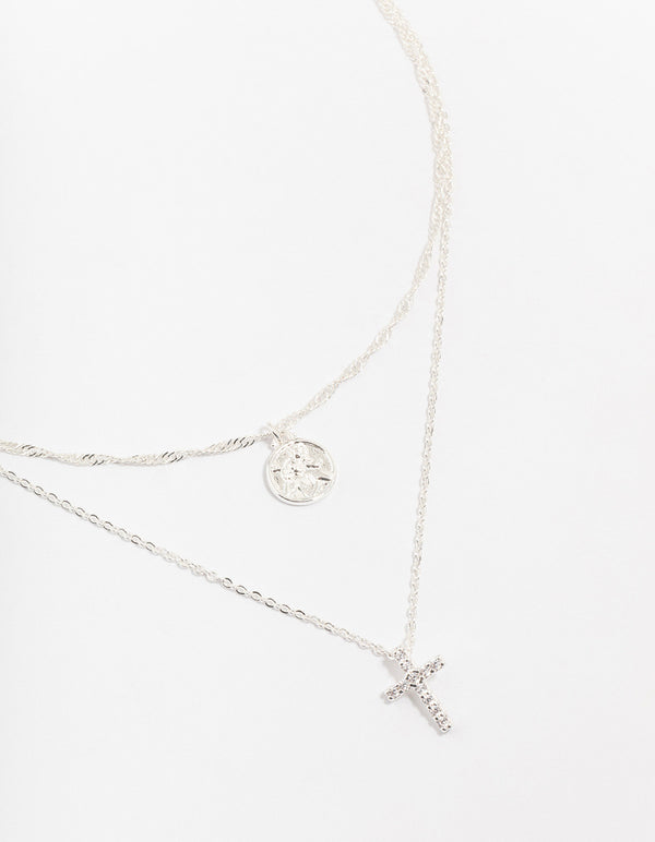 Silver Plated Brass  Cubic Zirconia Cross Coin Layered Necklace