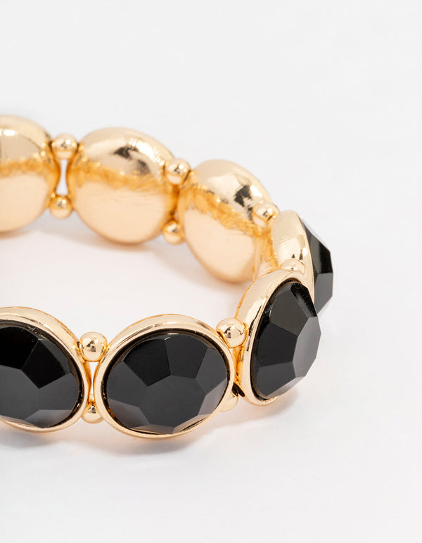 Gold Toned Black Round Stretch Bracelet