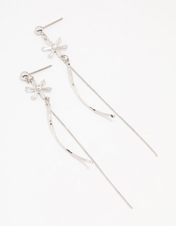 Silver Cubic Zirconia Double Flower Drop Earrings