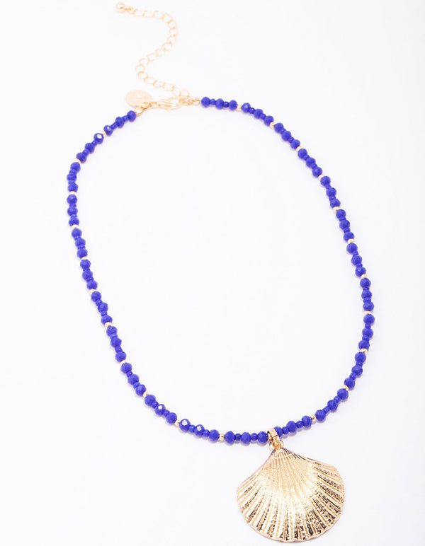 Gold & Blue Beaded Shell Necklace