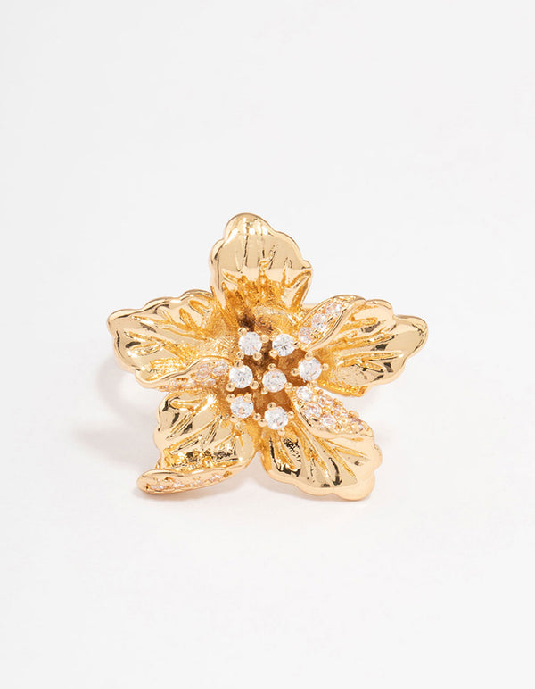 Gold Plated Cubic Zirconia Bling Flower Ring