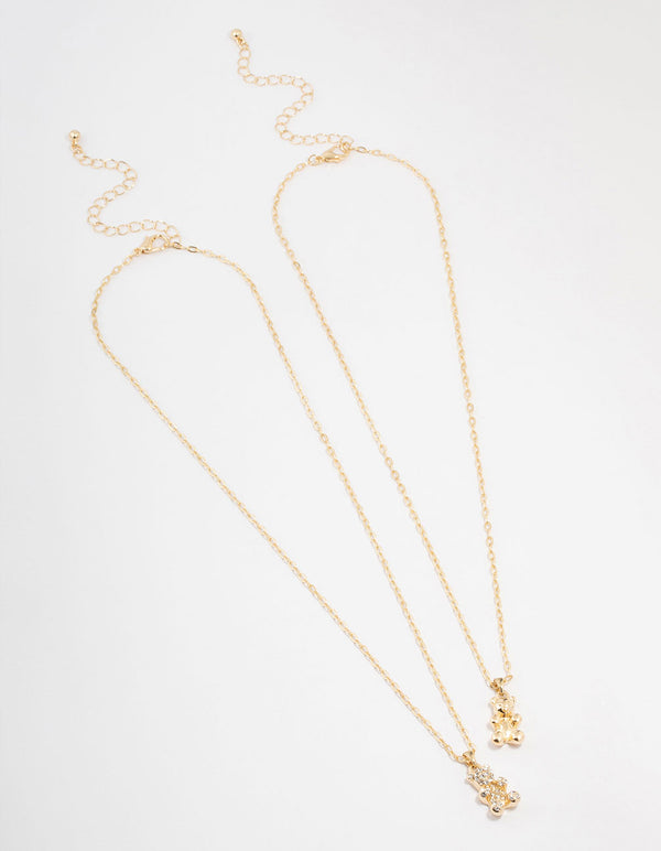Gold Diamante Teddy Pendant Necklace Pack