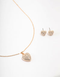 Gold Cubic Zirconia Diamante Heart Necklace & Stud Earrings Set - link has visual effect only