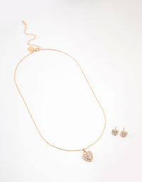 Gold Cubic Zirconia Diamante Heart Necklace & Stud Earrings Set - link has visual effect only
