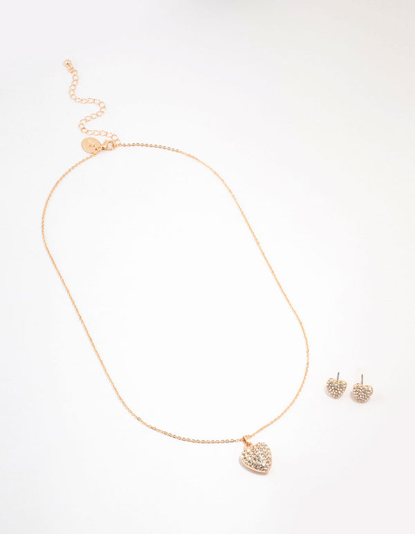 Gold Cubic Zirconia Diamante Heart Necklace & Stud Earrings Set