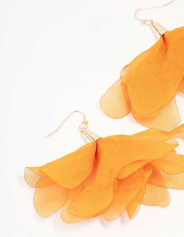 Orange Fabric Layered Petal Drop Earrings