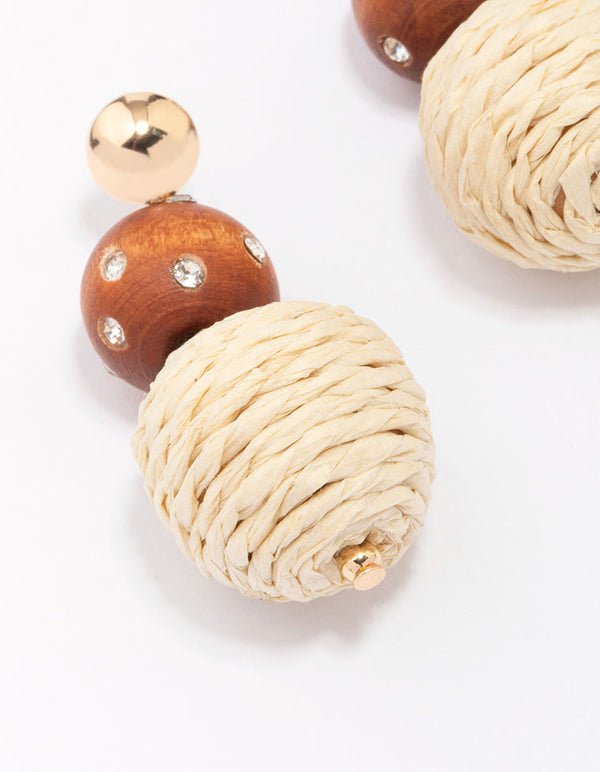 Wooden Raffia Ball Drop Earrings
