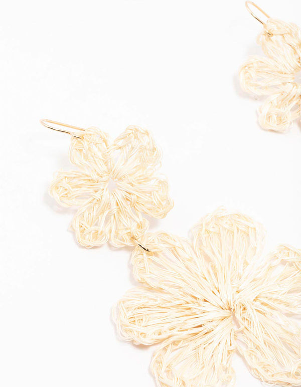 Cream Raffia Double Flower Drop Earrings
