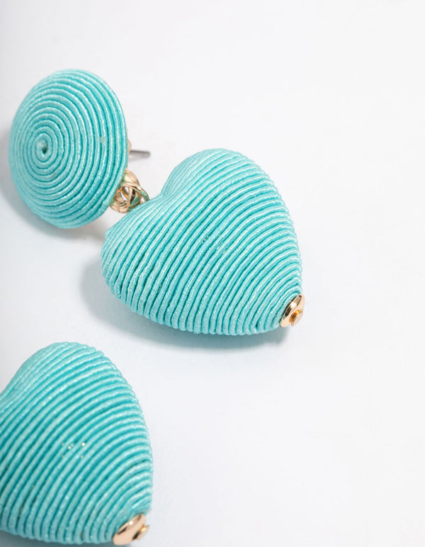 Blue Raffia Wrapped Heart Drop Earrings