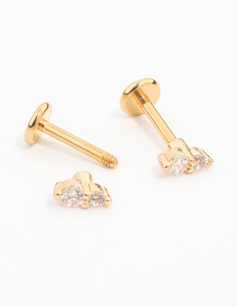 Gold Plated Surgical Steel Cubic Zirconia Double Flat Back 2-Pack