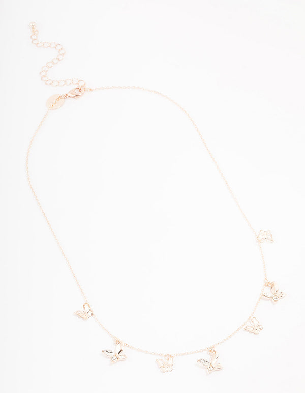 Rose Gold Butterfly Charm Diamante Necklace