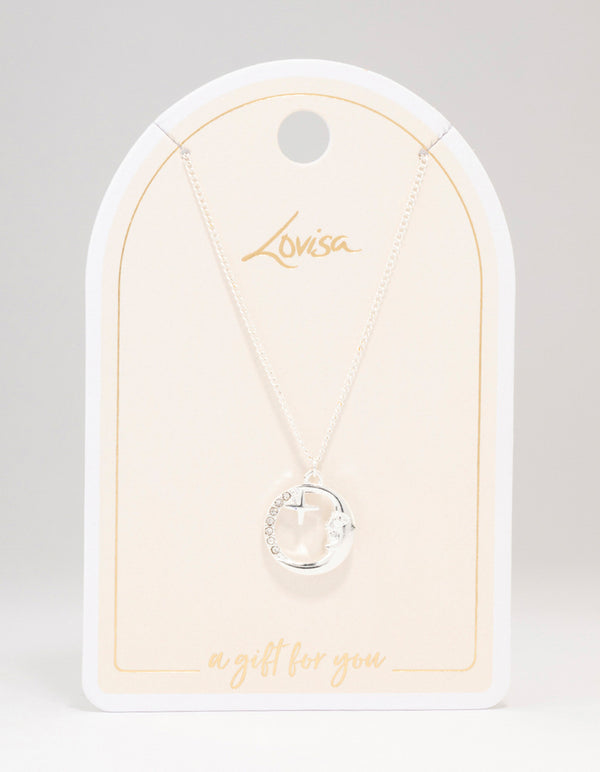 Silver Round Half Moon Pendant Necklace