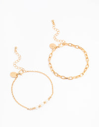 Gold Chain Link & Pearl Bracelets 2-Pack - link has visual effect only
