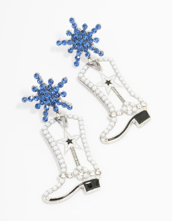 Blue Silver Diamante Cowboy Boot Earrings