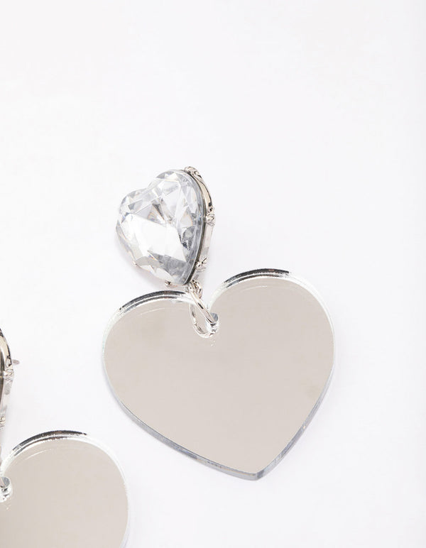 Silver Diamante Double Heart Drop Earrings