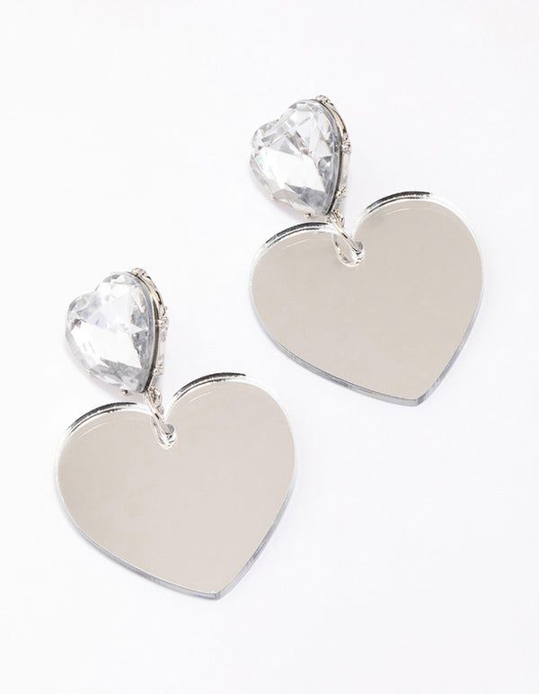 Silver Diamante Double Heart Drop Earrings