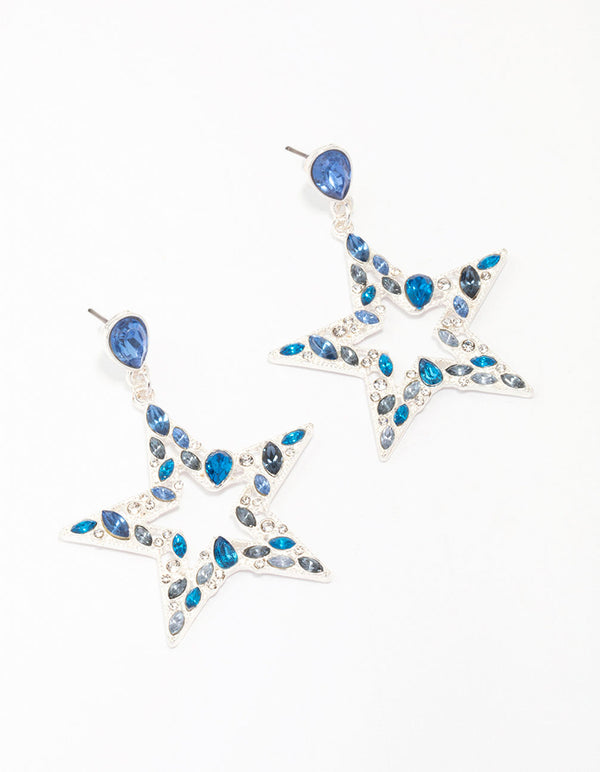 Silver & Blue Small Diamante Star Drop Earrings