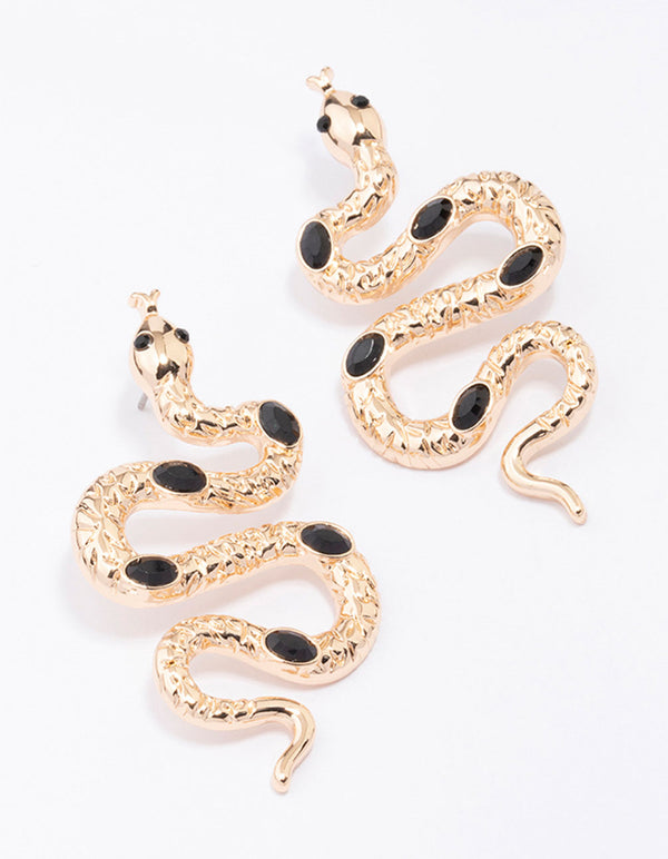 Gold & Black Stone Snake Drop Earrings