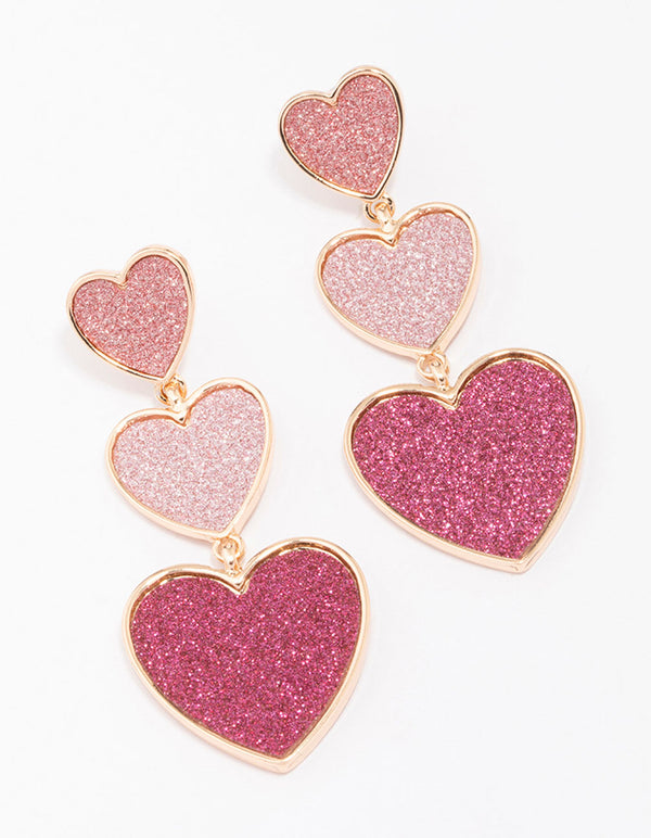 Gold Triple Row Pink Glitter Drop Earrings