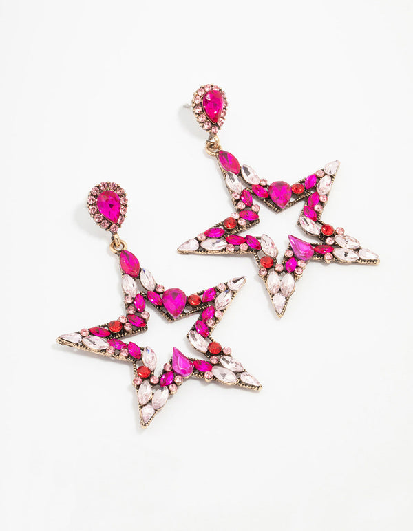 Gold & Pink Diamante Star Drop Earrings