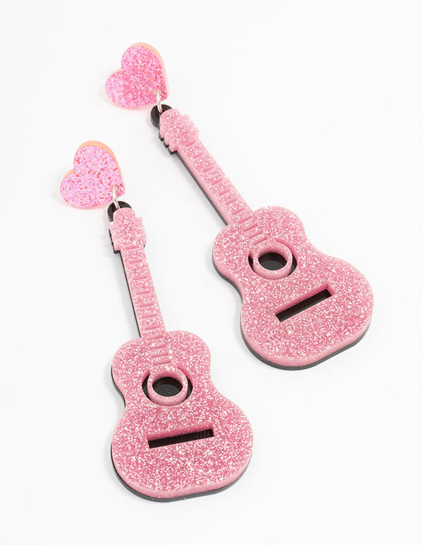 Pink Glitter Guitar Drop Earrings