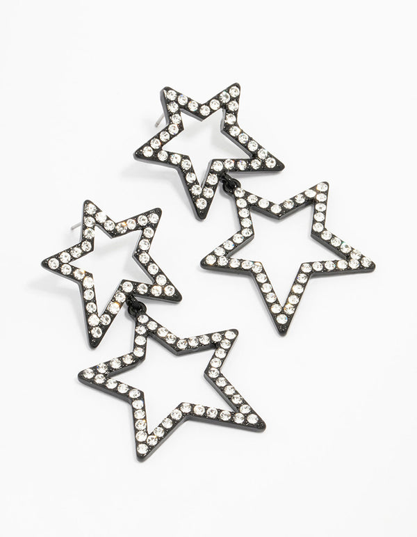 Gunmetal Diamante Double Star Drop Earrings