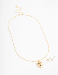 Gold Plated Cubic Zirconia Heart Locket Necklace & Stud Earrings Set - link has visual effect only