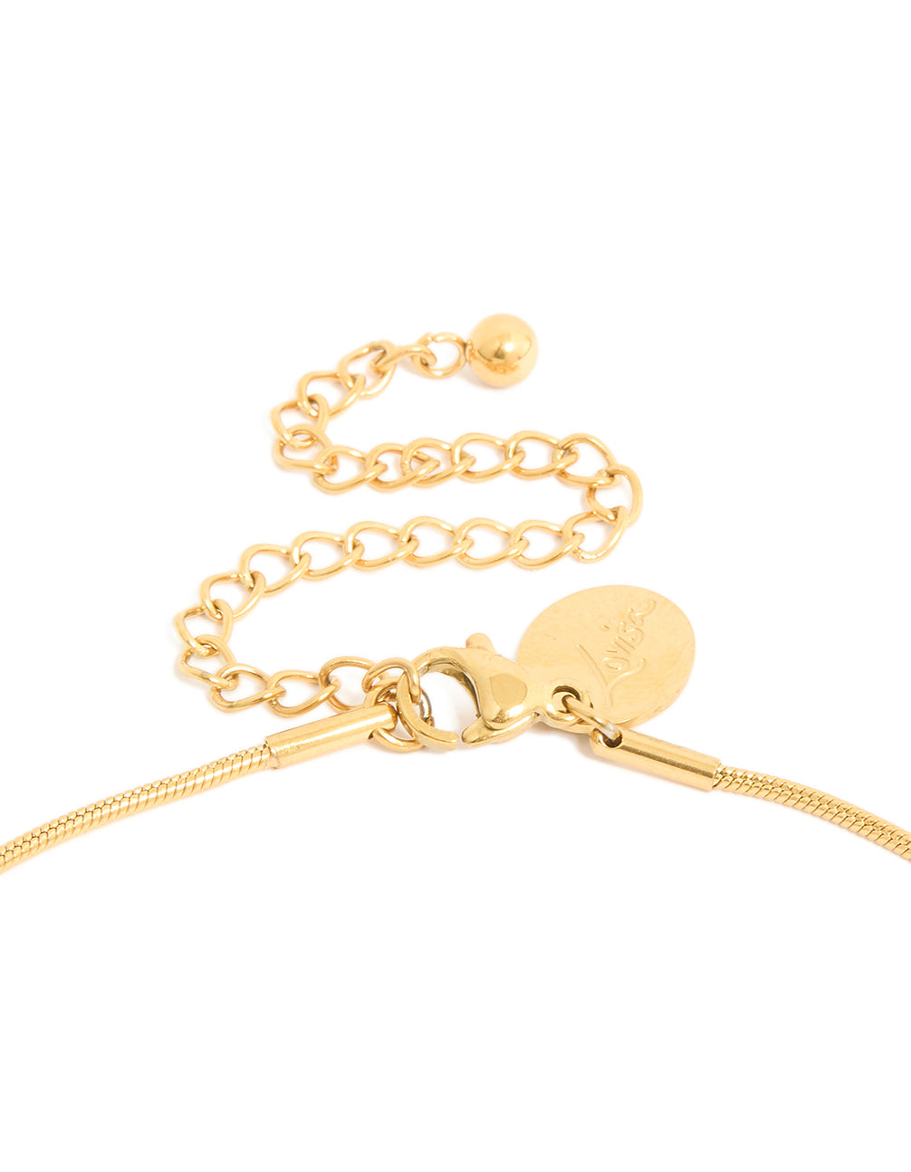 Showcasing waterproof gold plated stainless steel, this pull through lariat necklace clasp detail view