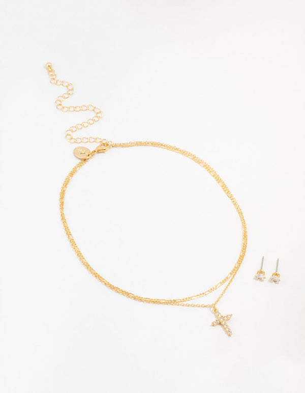 Gold Plated Cubic Zirconia Stud & Cross Necklace Set