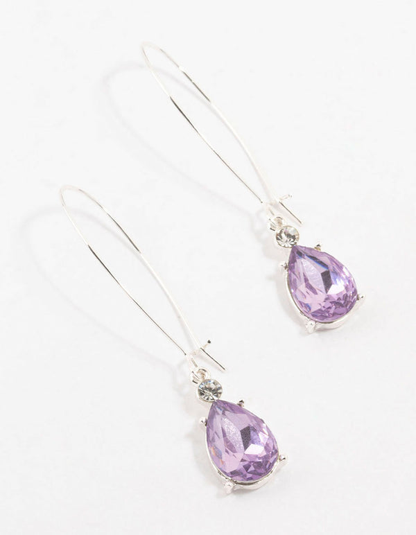 Silver Purple Diamante Drop Earrings