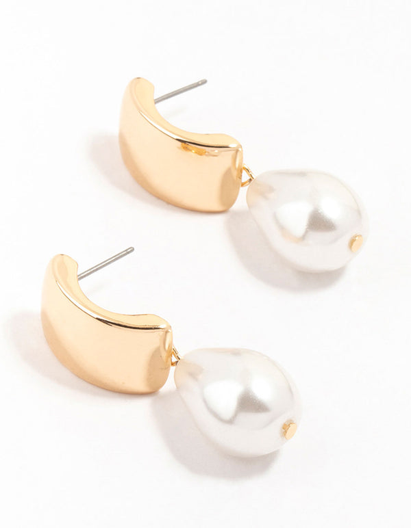 Gold Pearl Rectangular Teardrop Earrings