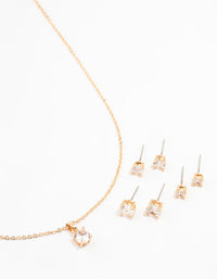 Gold Cubic Zirconia 6-Pack Stud  Earrings & Necklace Set - link has visual effect only