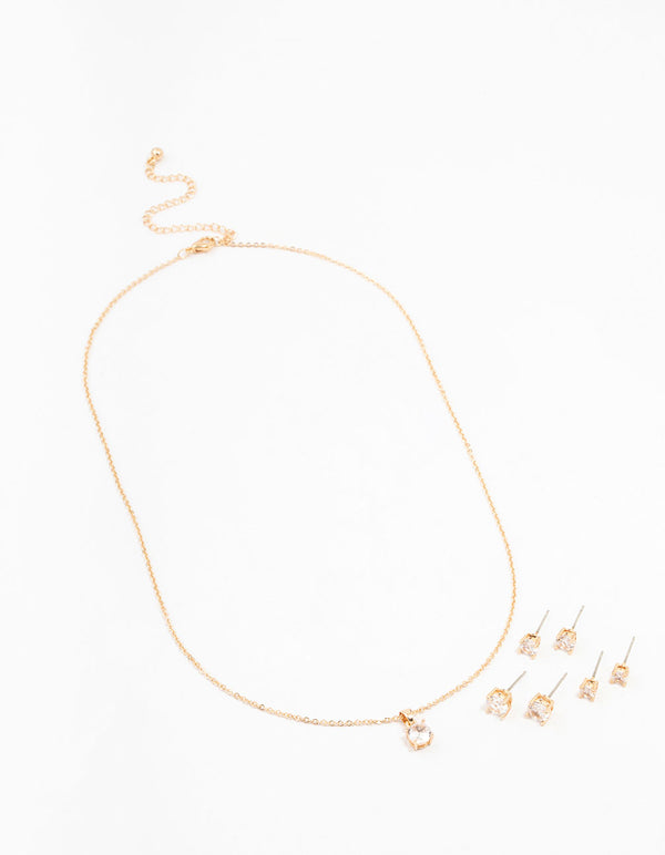 Gold Cubic Zirconia 6-Pack Stud  Earrings & Necklace Set