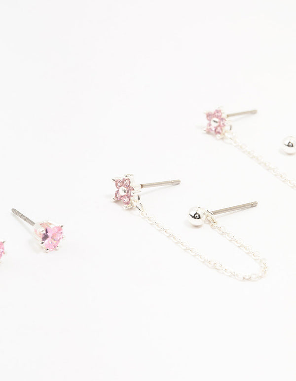 Silver Plated Brass  Heart Flower Chain Earrings 3-Pack