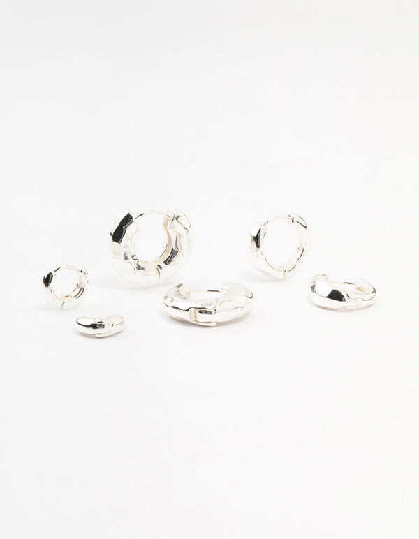 Silver Plated Brass  Hammered Graduating Hoop Earrings 3-Pack