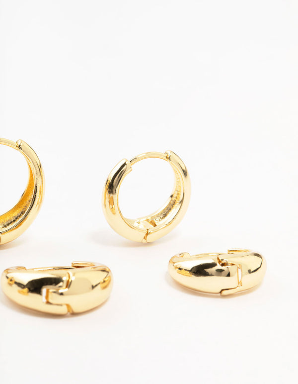 Classic Gold Plated Brass Chunky Hoop Earrings 3-Pack