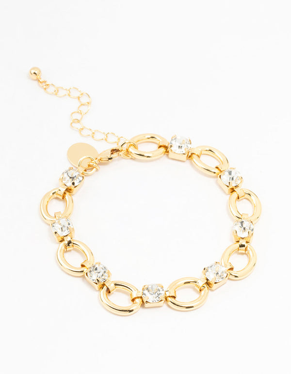 Gold Plated Brass Alternating Oval & Crystal Bracelet