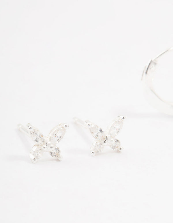 Sterling Silver Butterfly & Hoop Stud Earrings 2-Pack