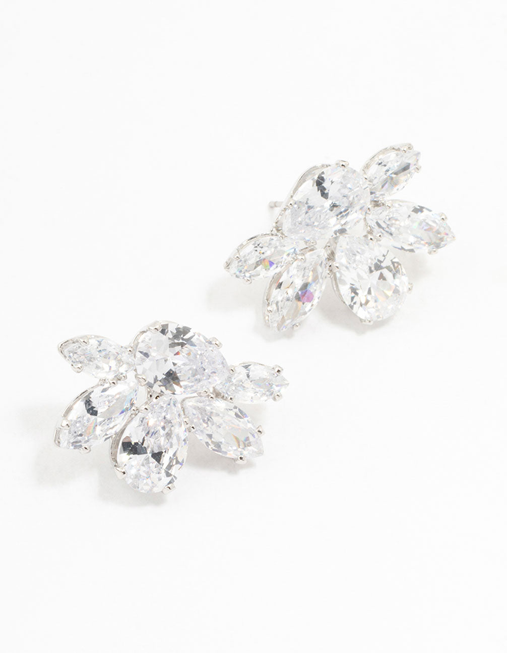 Silver Cubic Zirconia Cluster Teardrop Stud Earrings