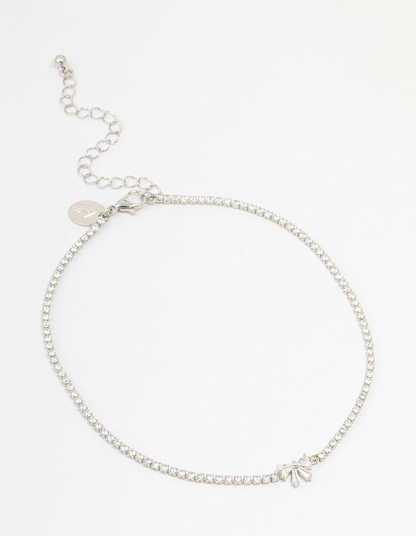 Silver Cubic Zirconia Round Stone & Bow Necklace