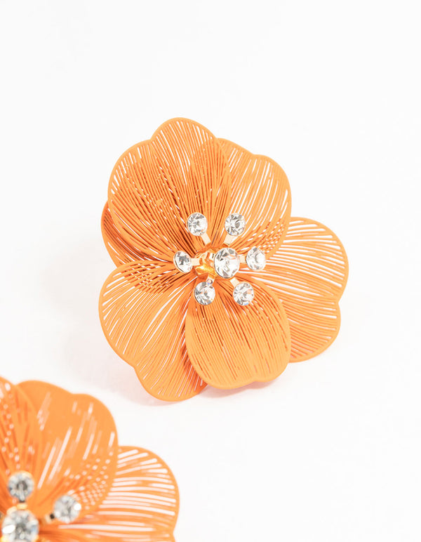 Orange Coated Textured Flower Diamante Stone Earrings