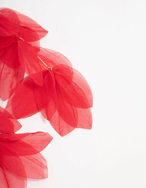 Red Chiffon Fabric Petal Leaf Drop Earrings
