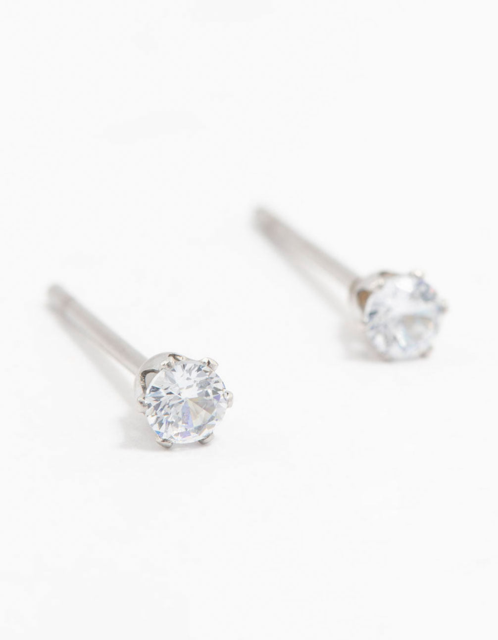 Elegant waterproof stainless steel cubic zirconia stud earrings in silver featuring 3mm stones front view