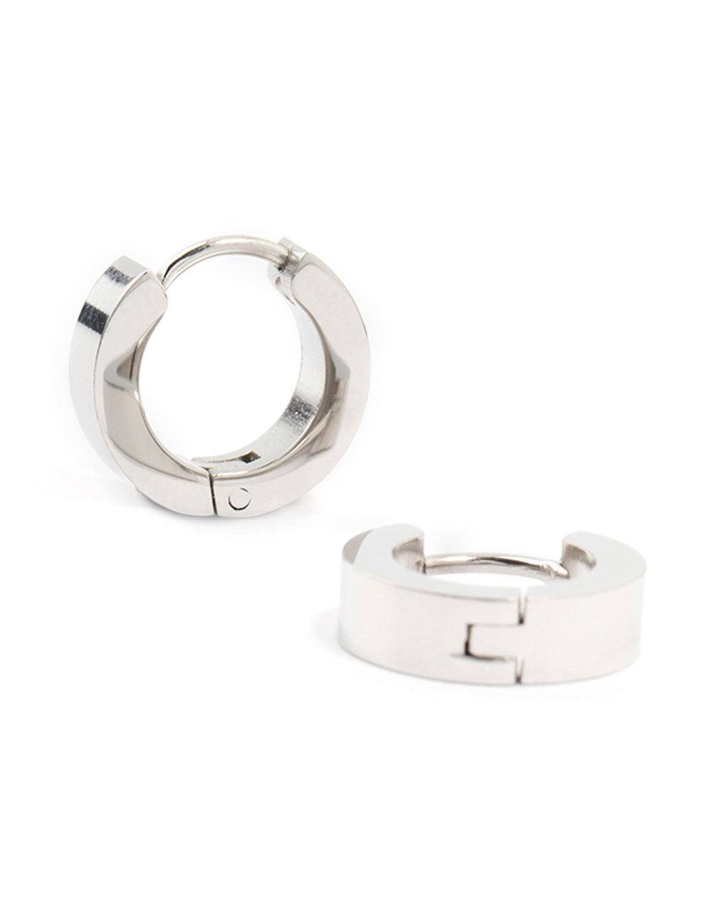 Showcasing waterproof stainless steel wide huggie earrings crafted from silver metal front view