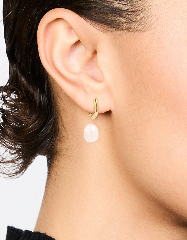 Waterproof Gold Plated Stainless Steel Freshwater Pearl Drop Huggie Earrings