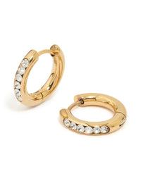 Waterproof Gold Plated Stainless Steel Round Diamante Clicker Hoop Earrings - link has visual effect only