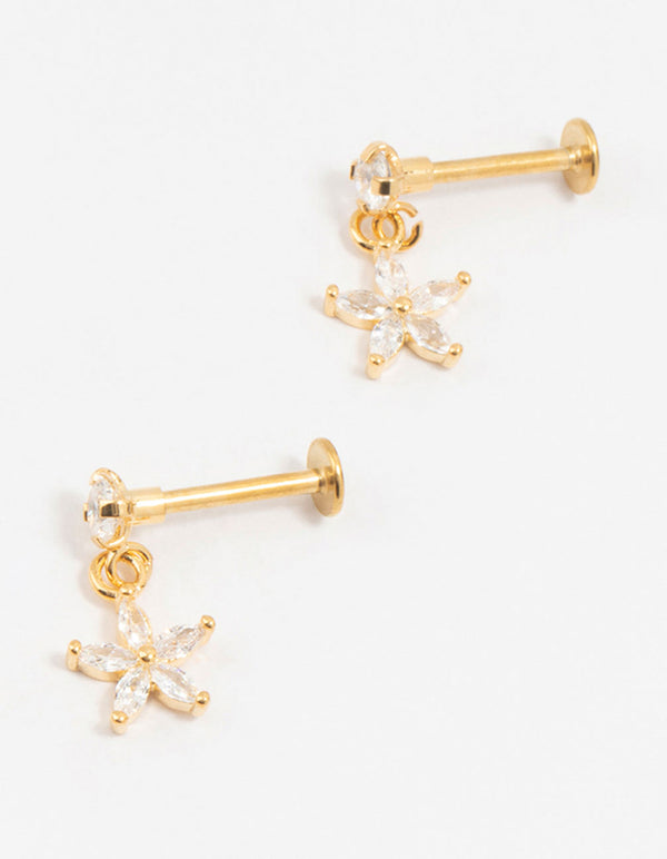Gold Plated Surgical Steel Flower Drop Flat Backs 2-Pack