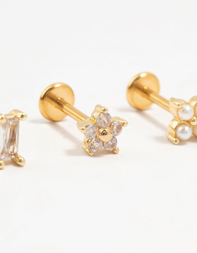Gold Plated Surgical Steel Flower & Baguette Flat Backs 3-Pack