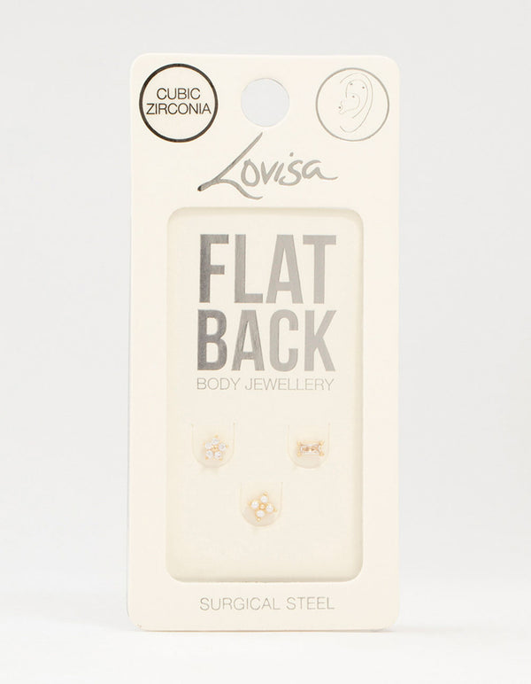 Gold Plated Surgical Steel Flower & Baguette Flat Backs 3-Pack