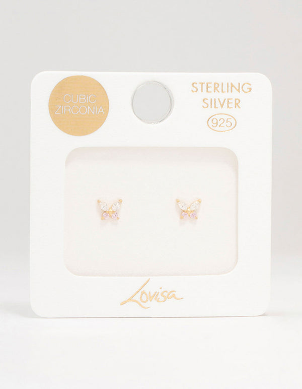 Gold Plated Sterling Silver Cubic Zirconia Butterfly Stud Earrings